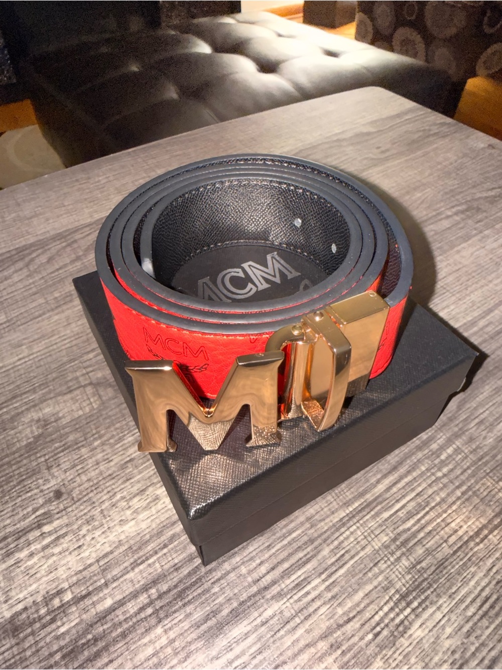 MCM Red and Black Reversible Logo Belt with Gold M Buckle